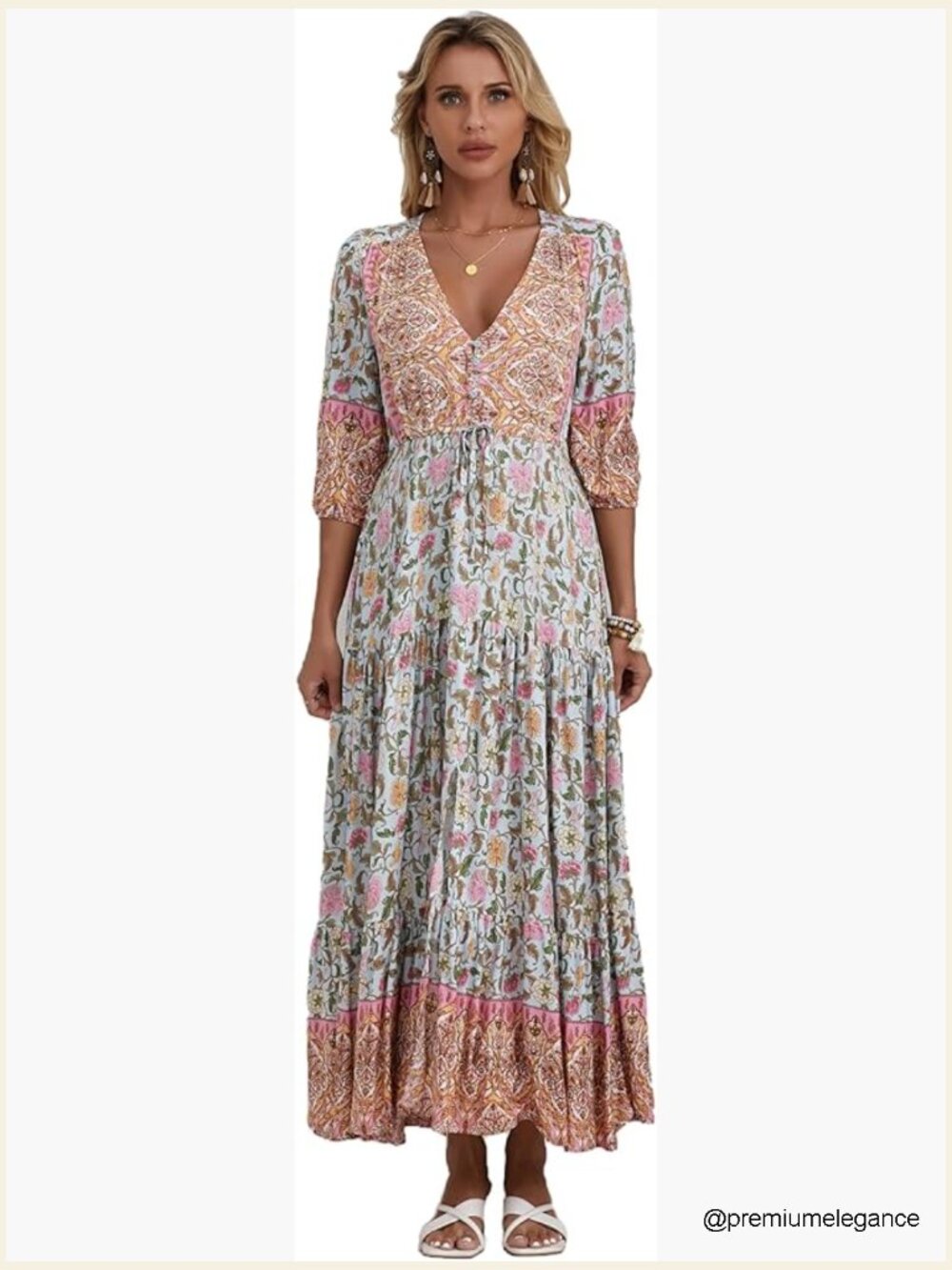 Rayon Maxi Dress Short Sleeve V-Neck Bohemian Floral Print Casual